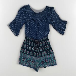 Ett Twa Anthropologie SzS Romper Blue Paisley Ruffle Boho Art To Wear 70s